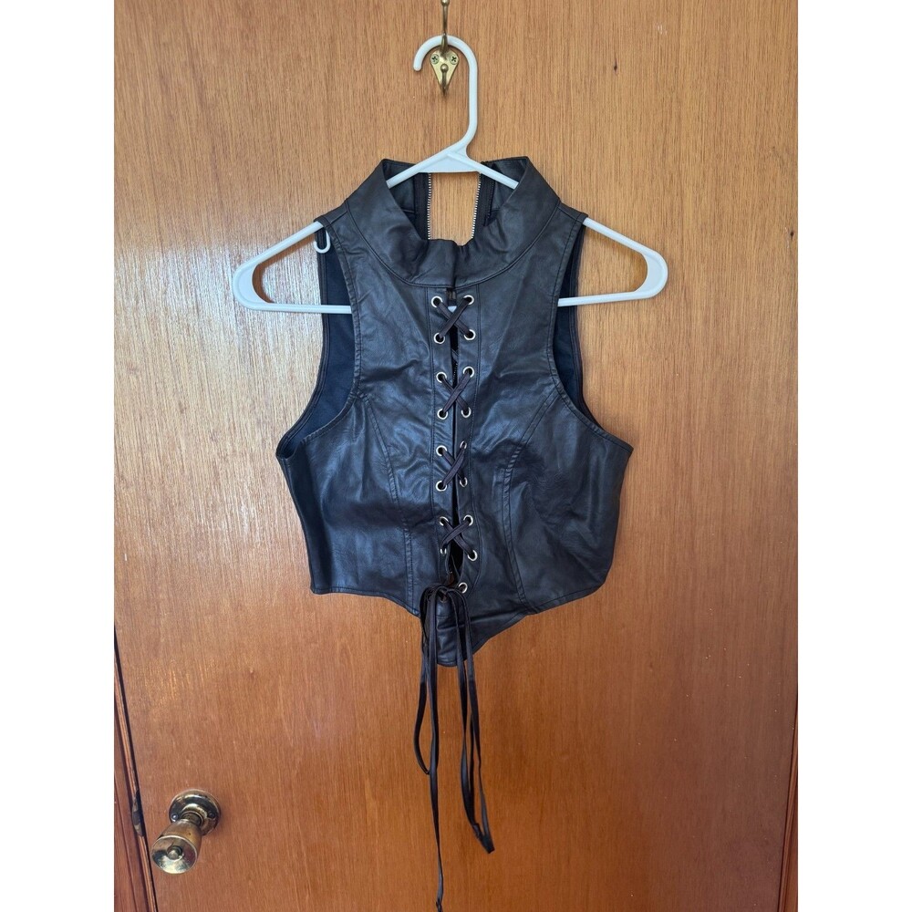 NWT Fashion Nova Keep On Going Faux Leather Top Womens M Black Lace Up Corset
